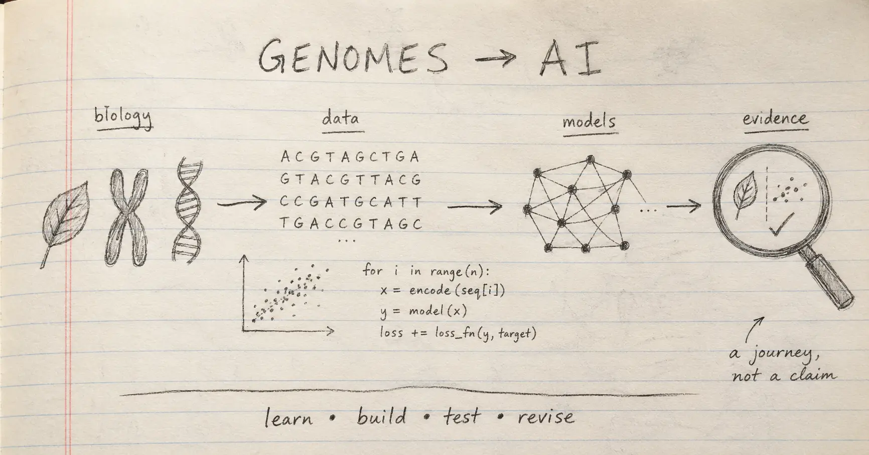 A hand-drawn notebook sketch tracing a journey from genomes and biological data through models to scientific evidence.